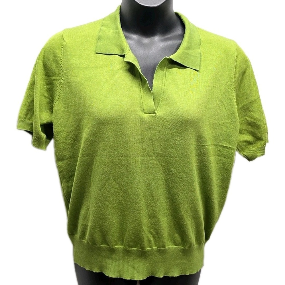 Kate Kasin Green Knit Polo Sweater Top Short Sleeve sz XL Retro Coastal Grandma